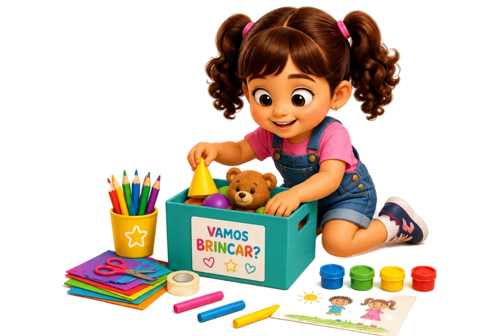 Criança organizando os materiais para preparar uma missão do livro