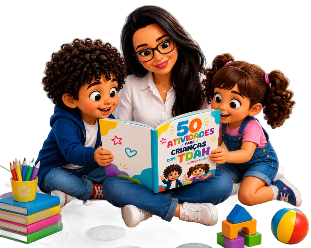 Mãe e filhos escolhendo juntos uma missão do livro 50 Atividades para Crianças com TDAH