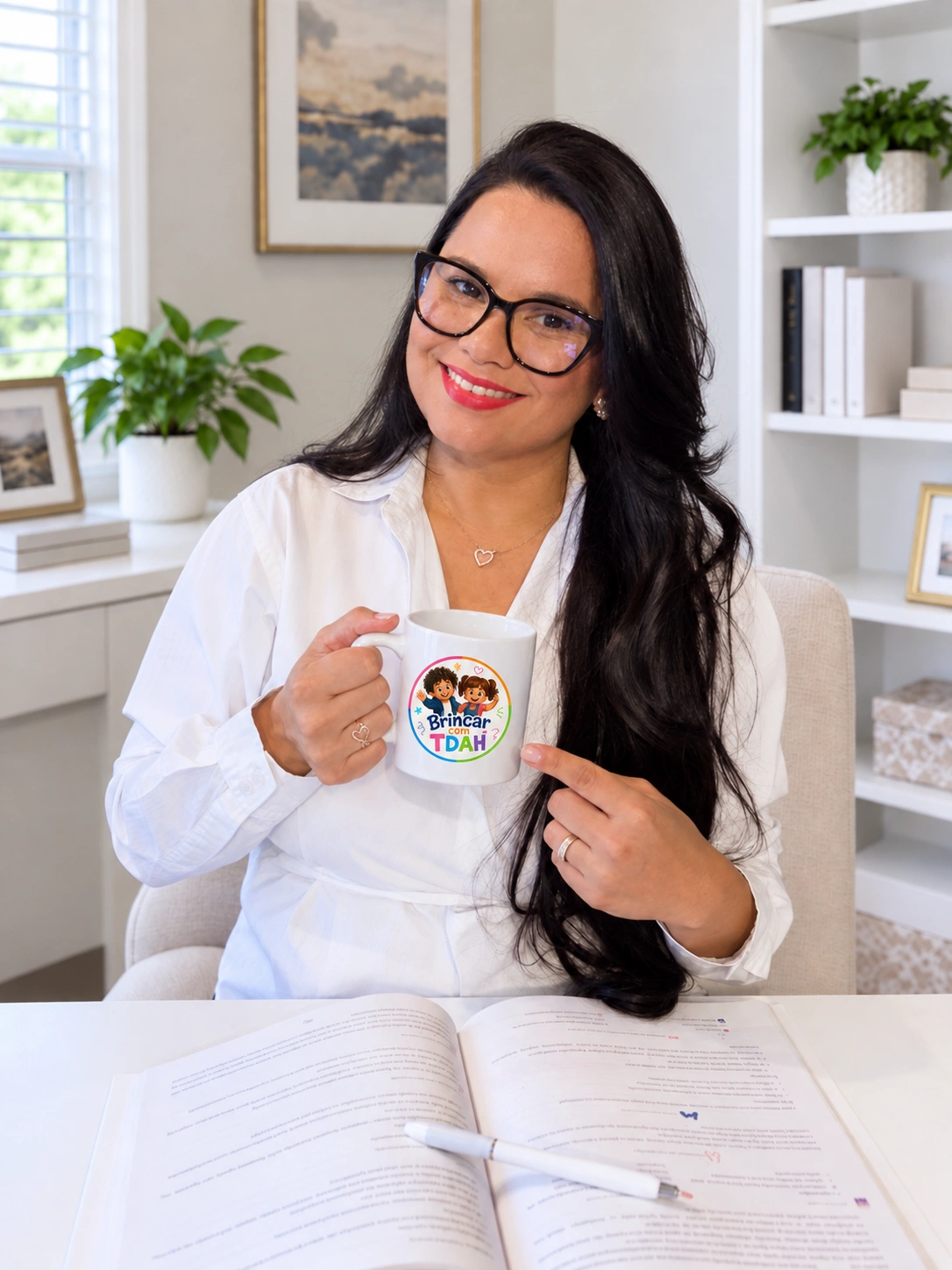 Autora de 'Brincar com TDAH' segurando caneca da marca em seu escritório, com material de trabalho aberto à mesa